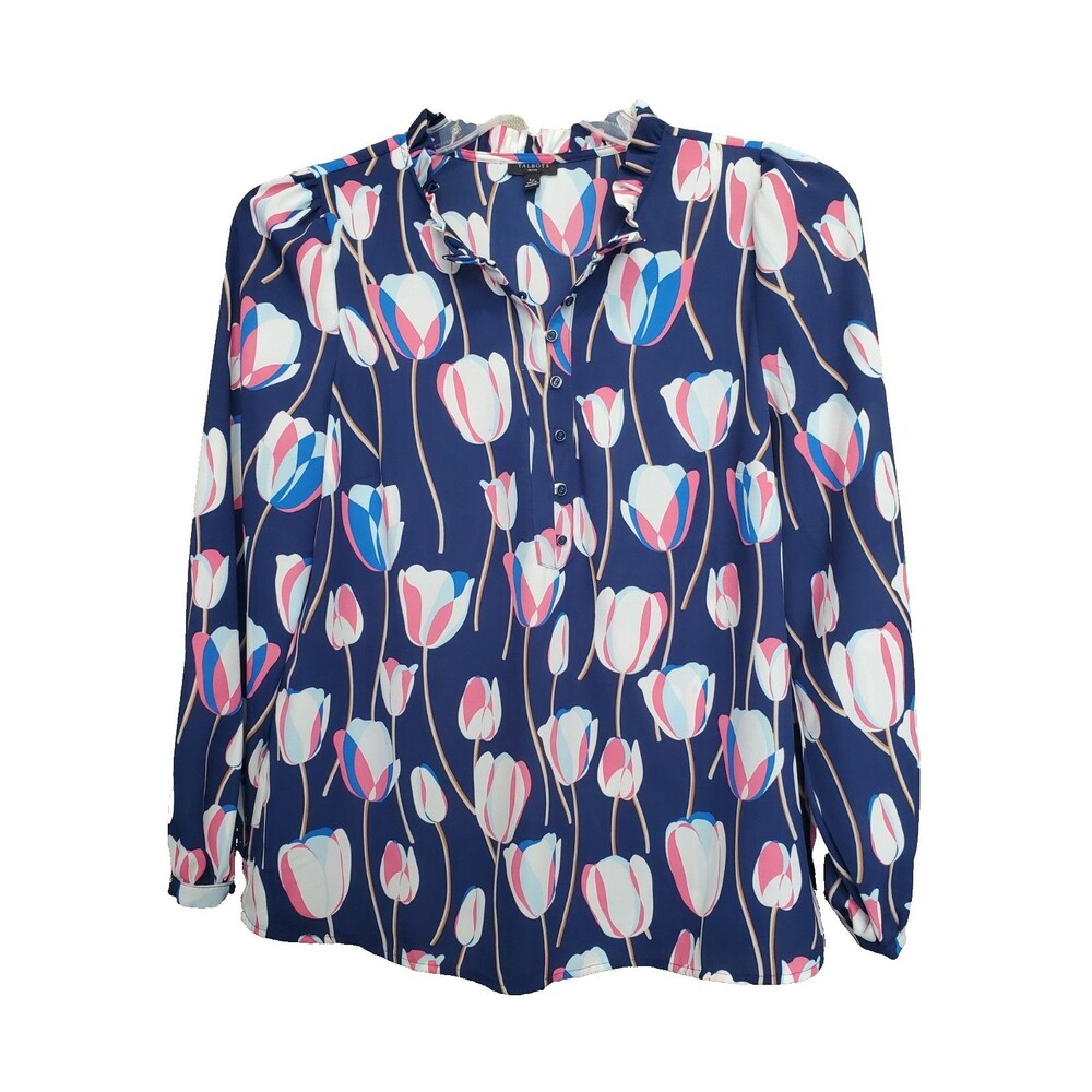Talbots Petite Blue Tulips Novelty Print Ruffle Henley Neck Popover Top Size LP